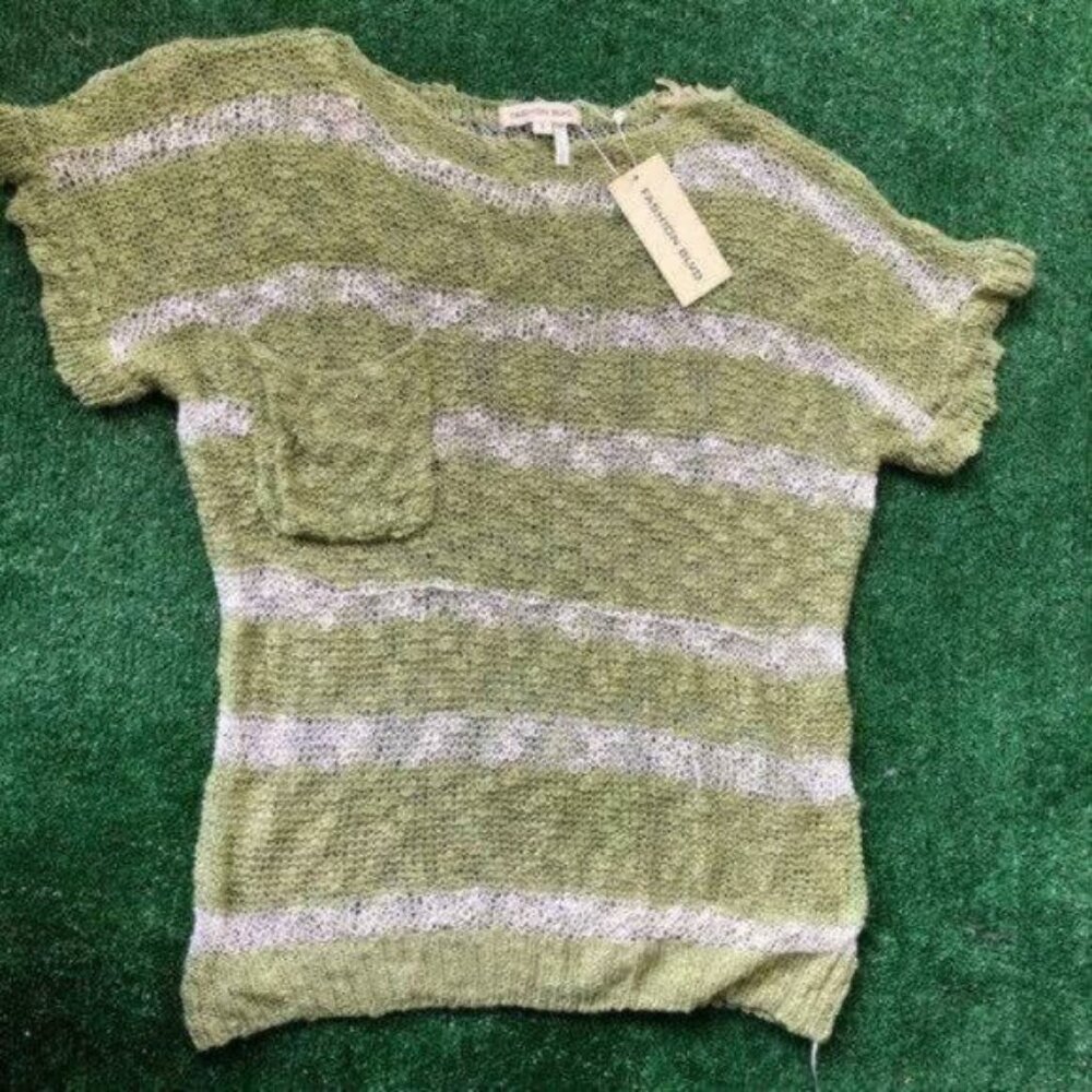 Fashion BLVD White & Green Oversized Knitted Short Sleeve Top Striped - Picture 5 of 8